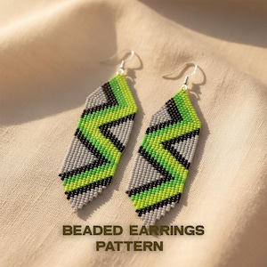 Patrón de pendientes con flecos en zigzag - PDF con cuentas Toho, tutorial de abalorios en verde, gris y negro