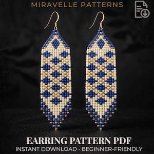 May include: A pair of beaded earrings with a geometric pattern in blue, cream, and gold. The earrings are rectangular with a diamond pattern and gold-colored hooks. The text "MIRAVELLE PATTERNS" and "EARRING PATTERN PDF" are visible.