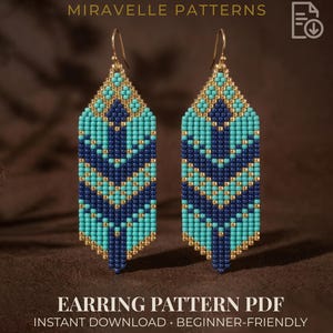 May include: A pair of beaded earrings with a geometric design in teal, navy blue, and gold. The image includes the text "Miravelle Patterns" and "Earring Pattern PDF". The earrings have a pattern of triangles and vertical lines.