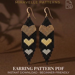 May include: A pair of beaded earrings with a heart design. The earrings are black with gold, white, and silver heart patterns. The text "MIRAVELLE PATTERNS" and "EARRING PATTERN PDF" are visible.