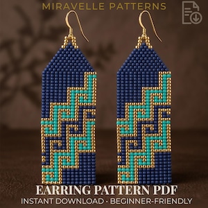 May include: A pair of beaded earrings with a geometric design. The earrings are navy blue with turquoise and gold accents. The text "MIRAVELLE PATTERNS" and "EARRING PATTERN PDF" are visible.
