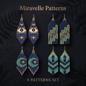 May include: Four pairs of beaded earrings in a variety of patterns. The earrings feature gold-colored hooks and intricate designs in navy blue, teal, and gold. The text "Miravelle Patterns" and "4 PATTERNS SET" are displayed.