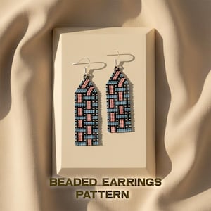 May include: A pair of beaded earrings with a rectangular design. The earrings feature a pattern of black, light blue, and pink beads. The text "BEADED EARRINGS PATTERN" is displayed at the bottom of the image.
