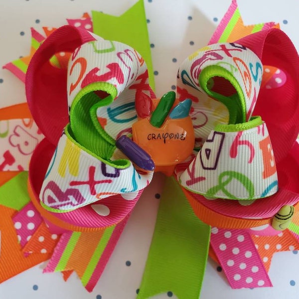 School Hair Bow, Alphabet Hair Bow, Pink and Green Hair Bow