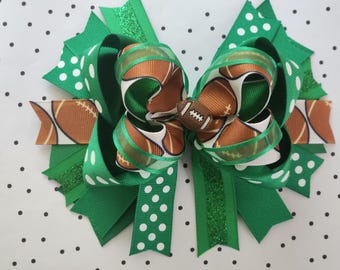 Football Hair Bow: Green Polka Dot Ribbon Bow