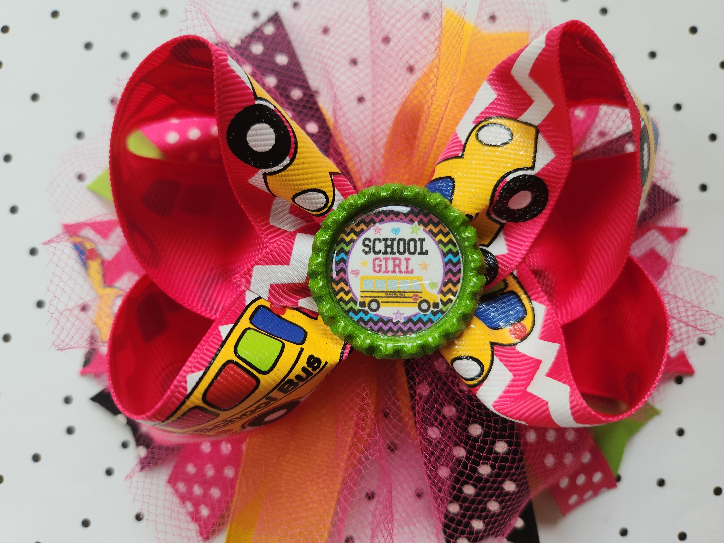 School Bus Back To School Bottle Cap 4.5-Inch Girls Pink Chevron Hair Bow