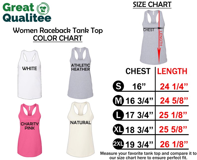 The image is a color chart for women's racerback tank tops, displaying the different sizes and corresponding measurements.