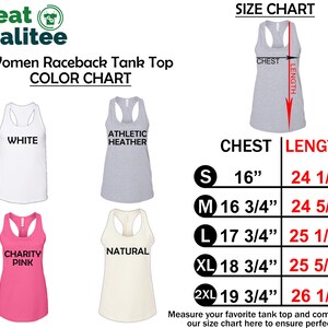 The image is a color chart for women's racerback tank tops, displaying the different sizes and corresponding measurements.
