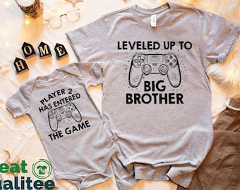 Camisetas de hermano mayor y hermano menor, camisetas a juego para hermanos, ascendió a hermano mayor, camisetas para jugadores familiares, el jugador 2 ha entrado en el juego.