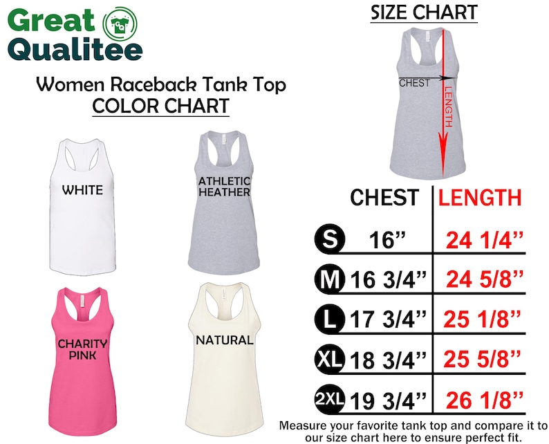 The image is a color chart for women's racerback tank tops, displaying the different sizes and corresponding measurements.