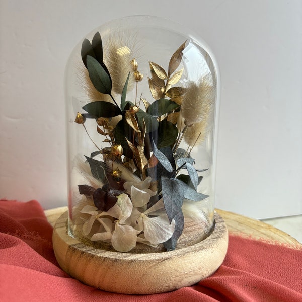 Cloche en verre fleurie vert, blanc et doré (fleurs séchées & stabilisées)