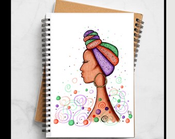 May include: A digital illustration of a woman with a colorful head wrap. The woman is drawn in profile and has a brown skin tone. The background is white with swirls of green, purple, and orange.