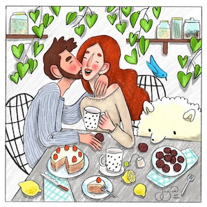 Custom couple portrait, family pet illustration personalized. Present, wedding art, Custom painting in digital art. Home decoration