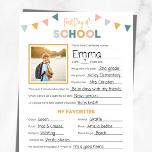 May include: A printable worksheet for a child's first day of school. The worksheet has a space for the child's name, age, grade, school, teacher, and favorite things. The worksheet also has a space for the child to write about what they are most excited for on their first day of school.