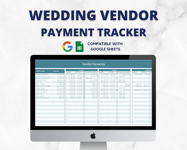 May include: A computer screen displaying a spreadsheet template for tracking wedding vendor payments. The spreadsheet is titled "Vendor Payments" and includes columns for vendor name, total cost, deposit 1, deposit 2, and deposit 3. The template is compatible with Google Sheets.