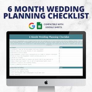 May include: A 6-month wedding planning checklist in a Google Sheet format. The checklist includes tasks such as celebrating the engagement, notifying family and friends, setting a budget, and booking venues. The checklist is compatible with Google Sheets.