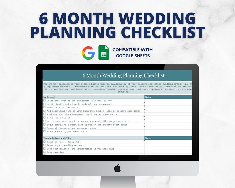 May include: A 6-month wedding planning checklist in a Google Sheet format. The checklist includes tasks such as celebrating the engagement, notifying family and friends, setting a budget, and booking venues. The checklist is compatible with Google Sheets.