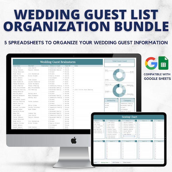 Wedding Guest List Planner, Wedding Spreadsheets, Wedding Planning Template, Google Sheets, RSVP Tracker, Table Arrangements, Seating Chart