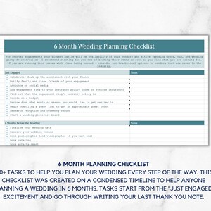 May include: A printable wedding planning checklist with a teal and white color scheme. The checklist is divided into two sections: "Just Engaged" and "6 Months Before the Wedding". The checklist includes tasks such as finalizing the wedding date, booking venues, and hiring vendors.