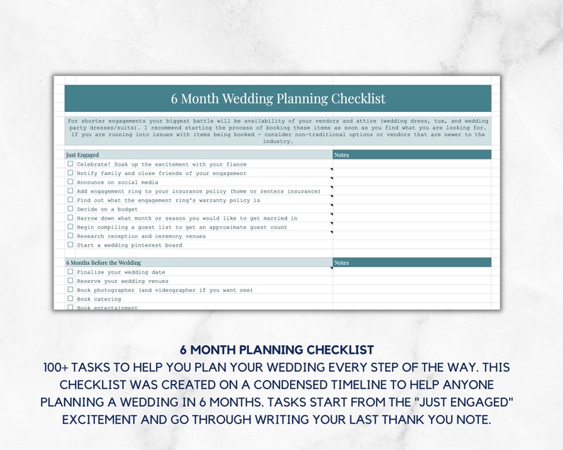 May include: A printable wedding planning checklist with a teal and white color scheme. The checklist is divided into two sections: "Just Engaged" and "6 Months Before the Wedding". The checklist includes tasks such as finalizing the wedding date, booking venues, and hiring vendors.
