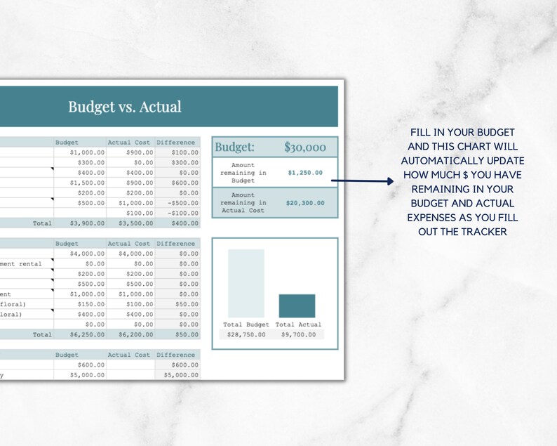 May include: A budget vs. actual chart with a blue and white color scheme. The chart shows a budget of $30,000 and an actual cost of $9,700. The chart also shows the amount remaining in the budget and the amount remaining in the actual cost. The chart is designed to help users track their spending and stay on budget.