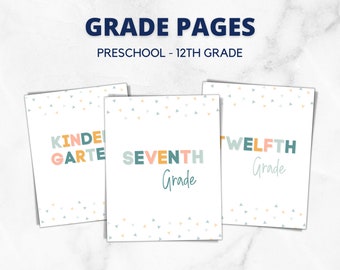 Grade Pages, Binder Dividers, School Grade Signs, Kindergarten, 1st 2nd 3rd 4th 5th 6th 7th 8th 9th 10th 11th 12 Grade, Printable