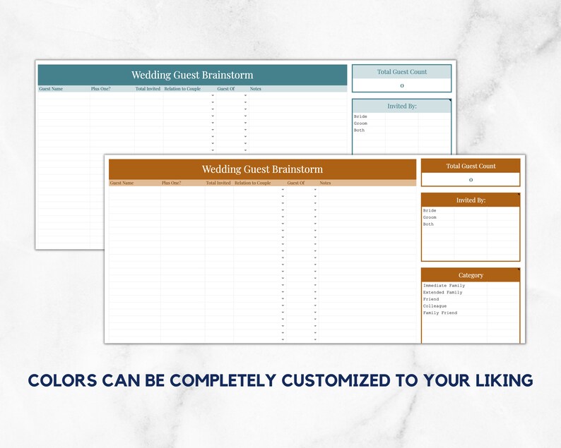 May include: Two printable wedding guest list templates. The top template is teal blue with white text. The bottom template is brown with white text. Both templates have columns for guest name, plus one, total invited, relation to couple, guest of, and notes. The bottom template also has a section for category with the following options: immediate family, extended family, friend, colleague, and family friend.