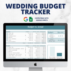 May include: A computer screen displaying a wedding budget tracker spreadsheet in Google Sheets. The spreadsheet is divided into two sections: Ceremony and Reception. Each section lists various wedding expenses with columns for budget, actual cost, and difference. The spreadsheet also includes a summary section with the total budget, total actual cost, and the amount remaining in the budget and actual cost.