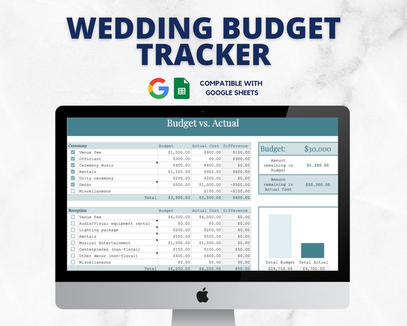 May include: A computer screen displaying a wedding budget tracker spreadsheet in Google Sheets. The spreadsheet is divided into two sections: Ceremony and Reception. Each section lists various wedding expenses with columns for budget, actual cost, and difference. The spreadsheet also includes a summary section with the total budget, total actual cost, and the amount remaining in the budget and actual cost.