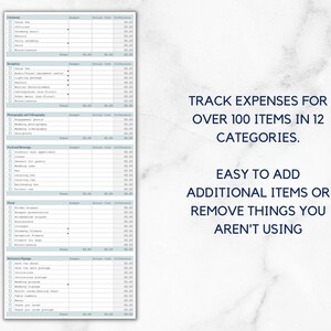 May include: A printable wedding budget tracker with a blue and white color scheme. The tracker includes categories for ceremony, reception, photography and videography, food and beverage, and more. The text "TRACK EXPENSES FOR OVER 100 ITEMS IN 12 CATEGORIES. EASY TO ADD ADDITIONAL ITEMS OR REMOVE THINGS YOU AREN'T USING" is printed on the page.