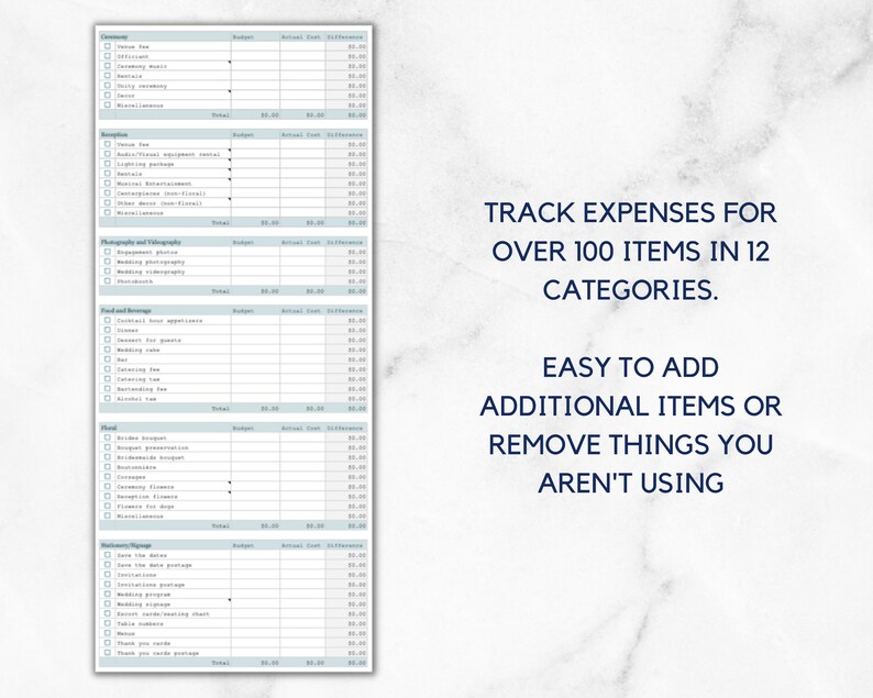 May include: A printable wedding budget tracker with a blue and white color scheme. The tracker includes categories for ceremony, reception, photography and videography, food and beverage, and more. The text "TRACK EXPENSES FOR OVER 100 ITEMS IN 12 CATEGORIES. EASY TO ADD ADDITIONAL ITEMS OR REMOVE THINGS YOU AREN'T USING" is printed on the page.