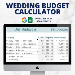 Puede incluir: Una pantalla de ordenador que muestra una hoja de c&aacute;lculo de presupuesto de boda con el t&iacute;tulo "Wedding Budget Calculator" y el texto "Our Budget is: 35.000,00 &euro;". La hoja de c&aacute;lculo enumera categor&iacute;as como Lugar, Comida y Bebida, Fotograf&iacute;a y Videograf&iacute;a, M&uacute;sica y Entretenimiento, Flores y Decoraci&oacute;n, Atuendo Nupcial y Belleza, Transporte y Papeler&iacute;a, con columnas para "Expect to Spend" y "Actual Budget".