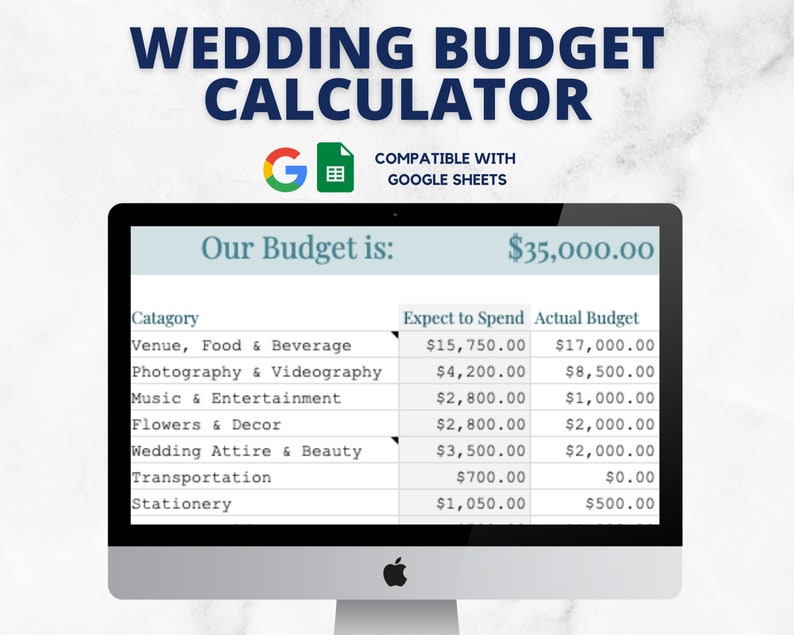 Puede incluir: Una pantalla de ordenador que muestra una hoja de c&aacute;lculo de presupuesto de boda con el t&iacute;tulo "Wedding Budget Calculator" y el texto "Our Budget is: 35.000,00 &euro;". La hoja de c&aacute;lculo enumera categor&iacute;as como Lugar, Comida y Bebida, Fotograf&iacute;a y Videograf&iacute;a, M&uacute;sica y Entretenimiento, Flores y Decoraci&oacute;n, Atuendo Nupcial y Belleza, Transporte y Papeler&iacute;a, con columnas para "Expect to Spend" y "Actual Budget".