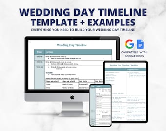 Tijdlijnsjabloon voor trouwdag, sjabloon voor huwelijksplanning, Google Docs, trouwboekplanner, ceremonietijdlijn, receptietijdlijn