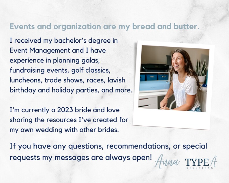 May include: A woman smiles while sitting at a desk in front of a computer. The text on the image reads "Events and organization are my bread and butter. I received my bachelor's degree in Event Management and I have experience in planning galas, fundraising events, golf classics, luncheons, trade shows, races, lavish birthday and holiday parties, and more. I'm currently a 2023 bride and love sharing the resources I've created for my own wedding with other brides. If you have any questions, recommendations, or special requests my messages are always open! Anna TYPE A SOLUTIONS"