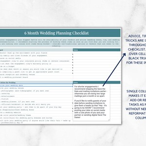 May include: A printable wedding planning checklist with a single column list of tasks to complete. The checklist is divided into two sections: "Just Engaged" and "6 Months Before the Wedding".  The checklist includes tips and tricks for planning a wedding.