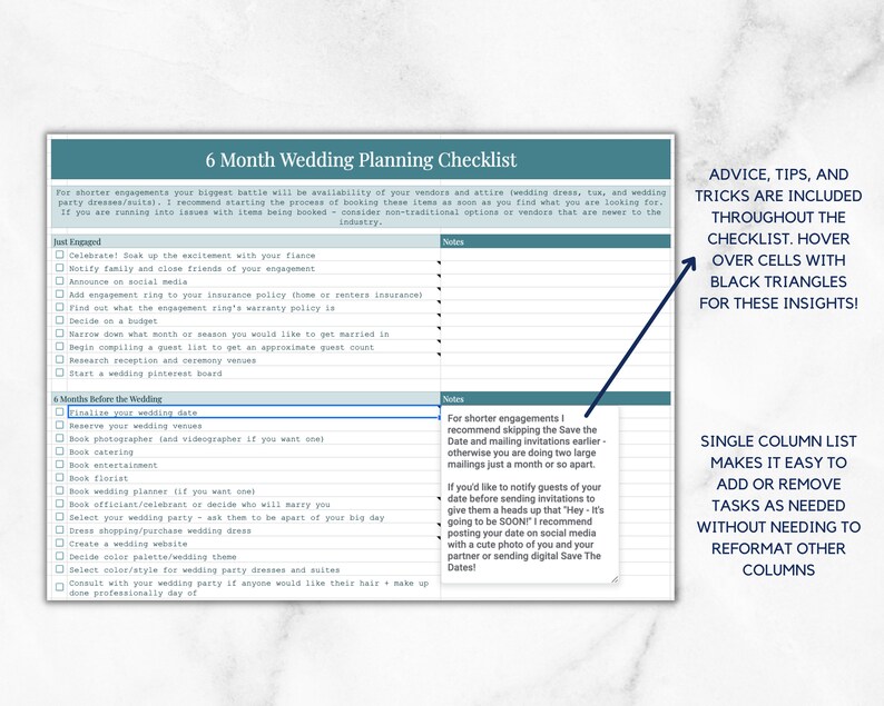May include: A printable wedding planning checklist with a single column list of tasks to complete. The checklist is divided into two sections: "Just Engaged" and "6 Months Before the Wedding".  The checklist includes tips and tricks for planning a wedding.