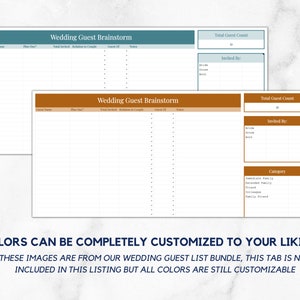 May include: Two printable wedding guest list templates. The top template has a teal background and the bottom template has a brown background. Both templates have columns for guest name, plus one, total invited, relation to couple, guest ID, and notes. The right side of each template has a section for total guest count, invited by, and a category list.
