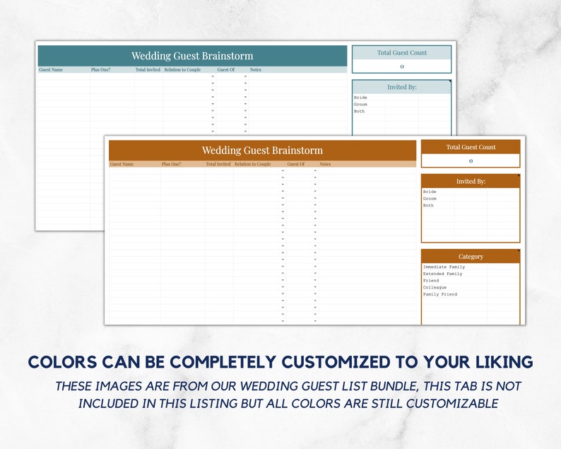 May include: Two printable wedding guest list templates. The top template has a teal background and the bottom template has a brown background. Both templates have columns for guest name, plus one, total invited, relation to couple, guest ID, and notes. The right side of each template has a section for total guest count, invited by, and a category list.