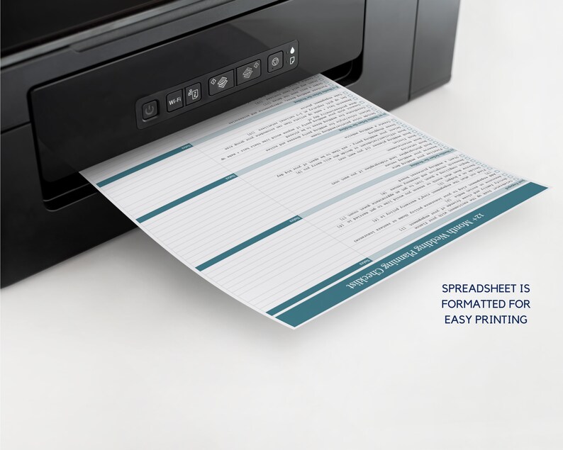 May include: A black and white printer with a sheet of paper coming out of the paper tray. The paper has a blue and white design and the text "SPREADSHEET IS FORMATTED FOR EASY PRINTING".