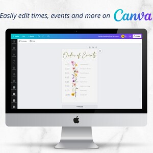 May include: A computer screen displaying a wedding order of events template on Canva. The template features a floral design with a list of events and times, including ceremony, cocktail hour, dinner, speeches, cake cutting, dancing, and send off.