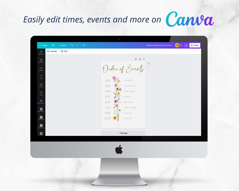 May include: A computer screen displaying a wedding order of events template on Canva. The template features a floral design with a list of events and times, including ceremony, cocktail hour, dinner, speeches, cake cutting, dancing, and send off.