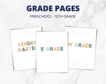 Grade Pages, Binder Dividers, School Grade Signs, Kindergarten, 1st 2nd 3rd 4th 5th 6th 7th 8th 9th 10th 11th 12 Grade, Printable