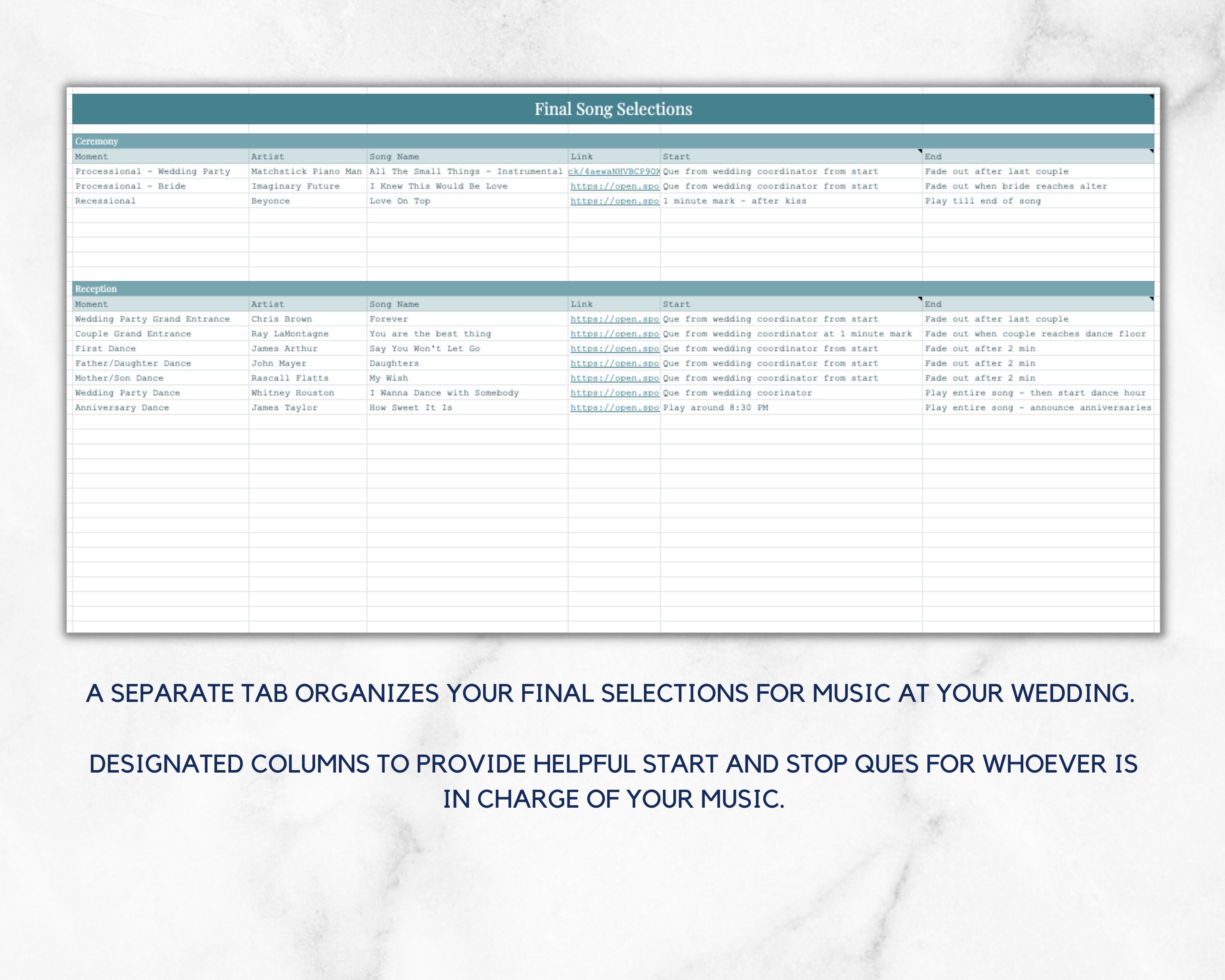 Wedding Music Organizer | Wedding Spreadsheets | Wedding Planning ...