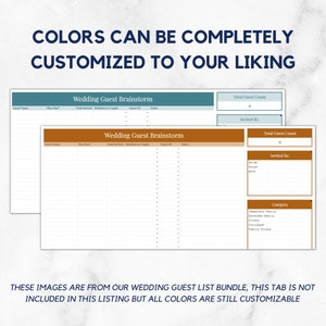 May include: Two printable wedding guest list templates with a brown and teal color scheme. The templates include sections for guest name, plus one, total invited, relation to couple, count of attendees, and notes. The templates also include a section for total guest count and invited by.