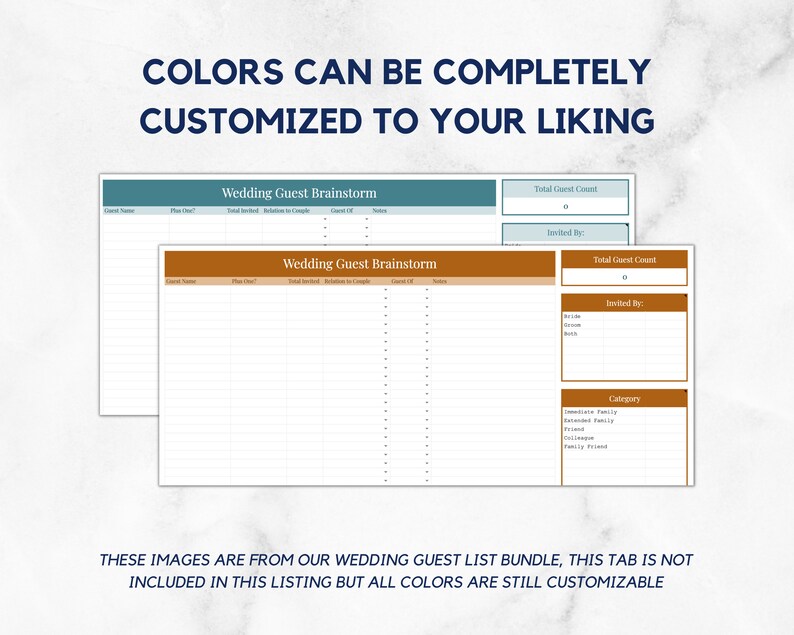 May include: Two printable wedding guest list templates with a brown and teal color scheme. The templates include sections for guest name, plus one, total invited, relation to couple, count of attendees, and notes. The templates also include a section for total guest count and invited by.
