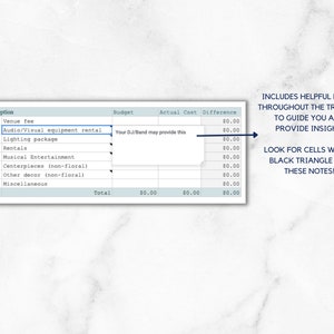 May include: A budget tracker spreadsheet with a blue and white color scheme. The spreadsheet includes categories for reception costs, such as venue fee, audio/visual equipment rental, lighting package, rentals, musical entertainment, centerpieces, other decor, and miscellaneous. The spreadsheet also includes columns for budget, actual cost, and difference. The spreadsheet has a note that says "Your DJ/Band may provide this" in the audio/visual equipment rental row. The spreadsheet also includes a note that says "INCLUDES HELPFUL NOTES THROUGHOUT THE TRACKER TO GUIDE YOU AND PROVIDE INSIGHT. LOOK FOR CELLS WITH A BLACK TRIANGLE FOR THESE NOTES!"