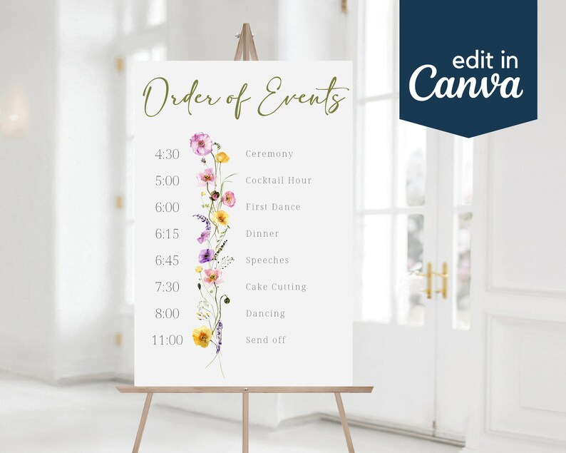May include: A white sign with the words "Order of Events" in green script. The sign lists the order of events for a wedding reception, including the time and event name. The sign is decorated with a watercolor floral design.