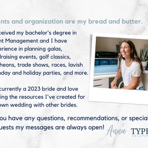 May include: A woman smiles while sitting at a desk in a home office. The text on the image reads "Events and organization are my bread and butter. I received my bachelor's degree in Event Management and I have experience in planning galas, fundraising events, golf classics, luncheons, trade shows, races, lavish birthday and holiday parties, and more. I'm currently a 2023 bride and love sharing the resources I've created for my own wedding with other brides. If you have any questions, recommendations, or special requests my messages are always open! Anna TYPE A SOLUTIONS"