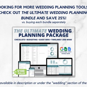 May include: A digital product bundle for wedding planning. The bundle includes checklists, budgeting tools, guest information, timelines, and more. The product is compatible with Google Suite and has a value of $100. The text "The Ultimate Wedding Planning Package" is displayed in a blue box.